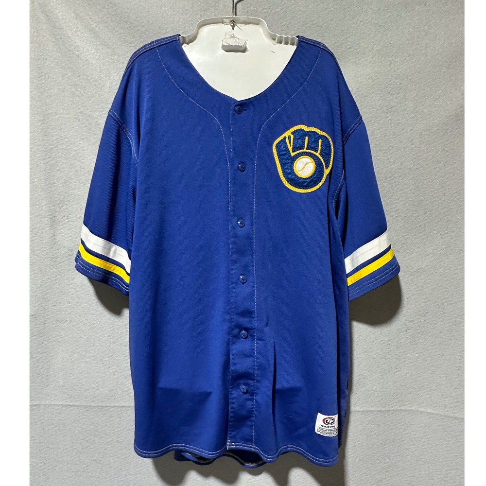 Milwaukee Brewers True Fan MLB Baseball Jersey Button Up Mens Blue Gold size XL